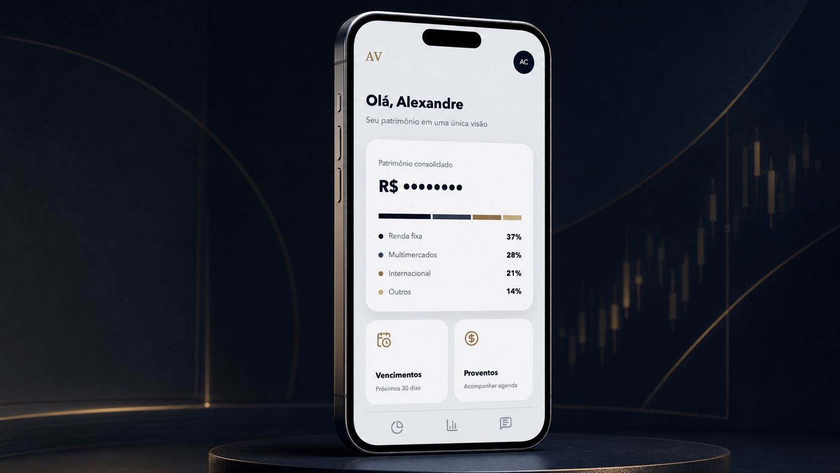 Mockup do aplicativo AV Partners mostrando patrimônio consolidado e distribuição dos investimentos